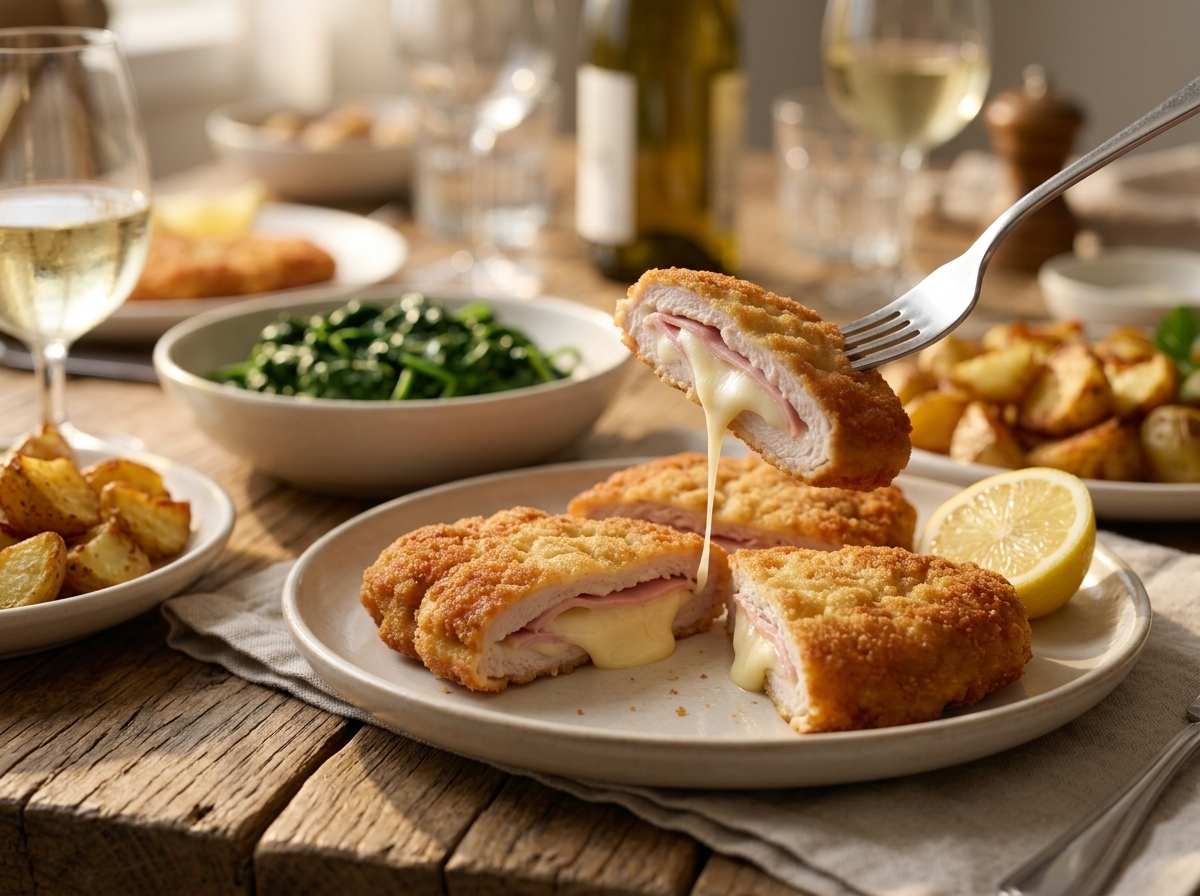 Family-style table with a platter of veal cutlets, sautéed spinach, roast potatoes, and a glass of white wine at dusk