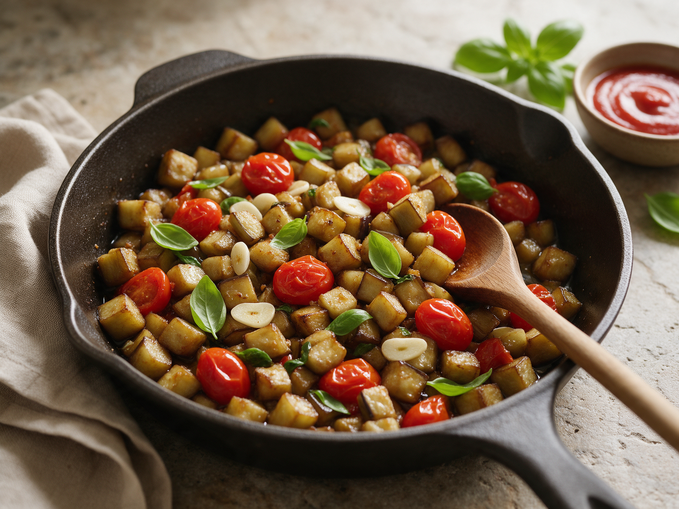 Skillet of diced golden eggplant with cherry tomatoes, garlic and basil in olive oil