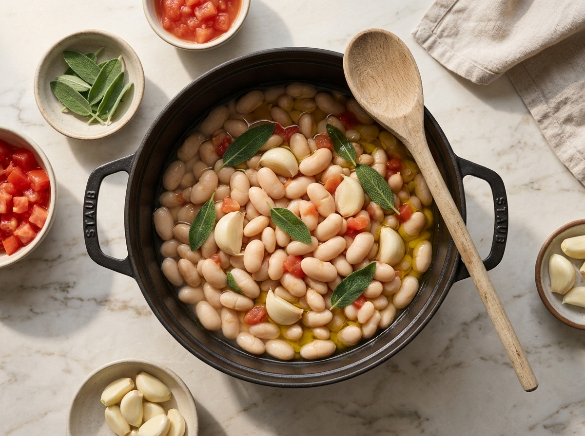 Dutch oven holding soaked beans, whole garlic, sage, and crushed tomato in oil just before the lid goes on