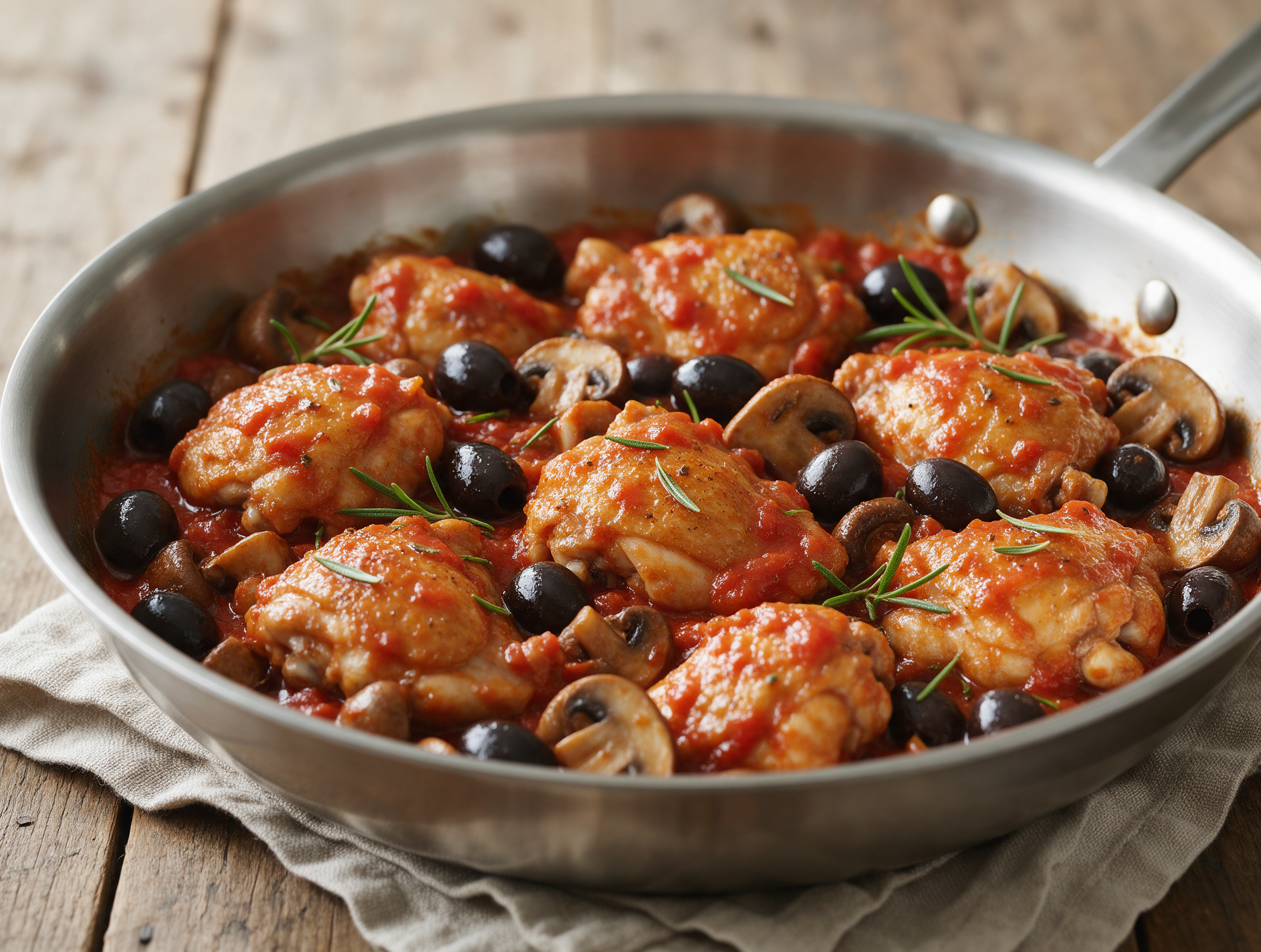 Braised galletto pieces in glossy tomato sauce with olives and rosemary in a wide pan on a rustic wooden table