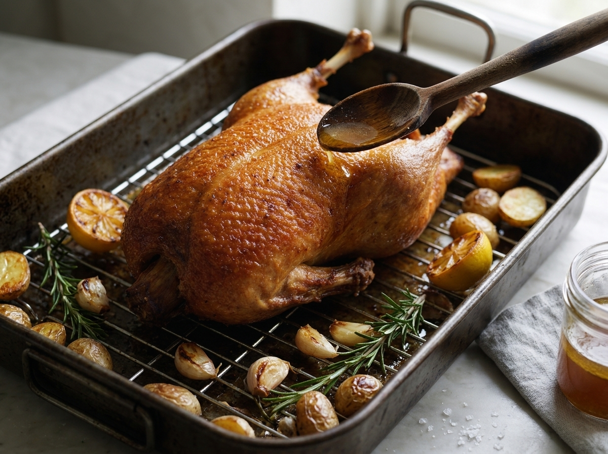 Duck breast-side up on a wire rack in a roasting pan as hot fat is poured off into a glass jar