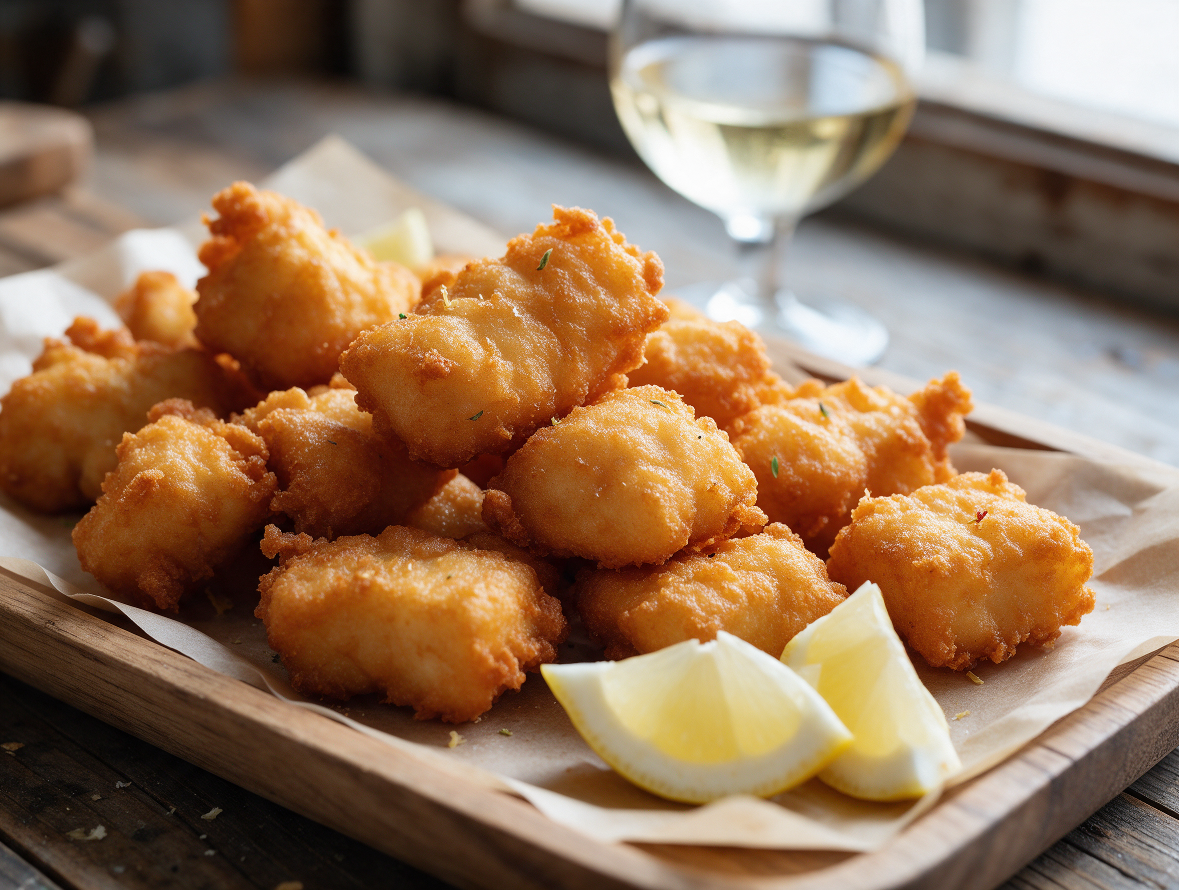 Deep gold battered salt cod pieces on paper with lemon wedges and white wine