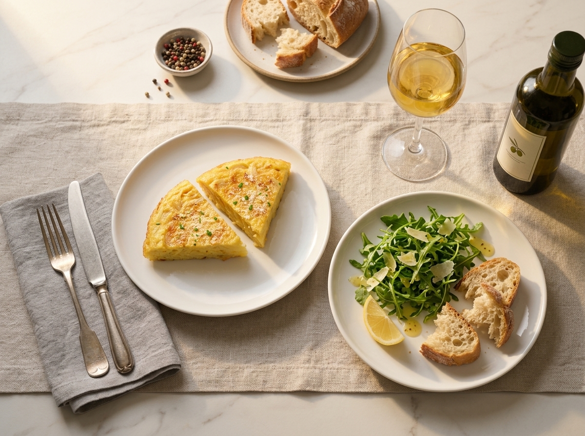 Two wedges on white plates with arugula salad, crusty bread, and white wine on a marble table