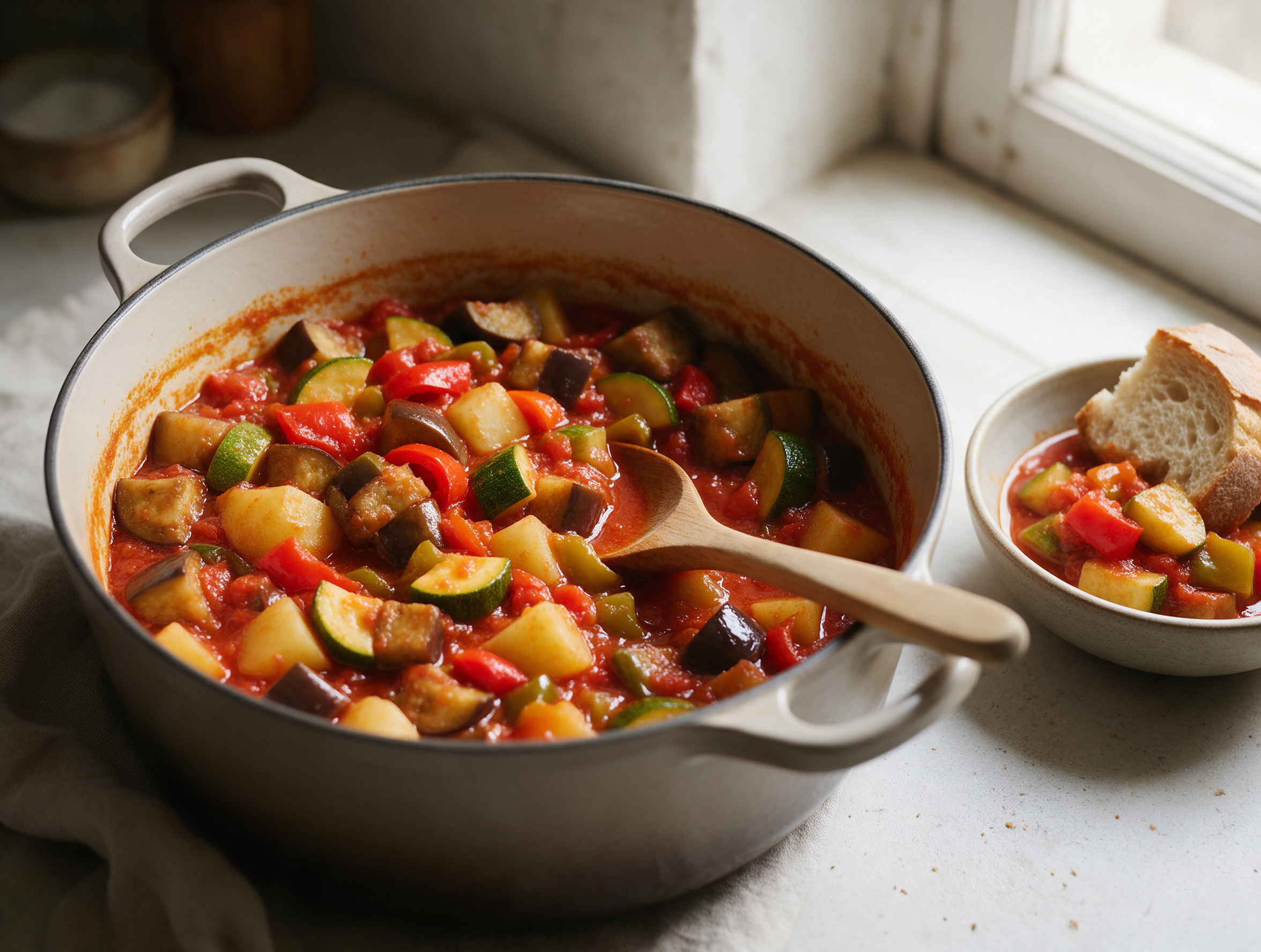 Pot of thick Calabrian ciambotta with eggplant, zucchini, potato and tomato, wooden spoon inside