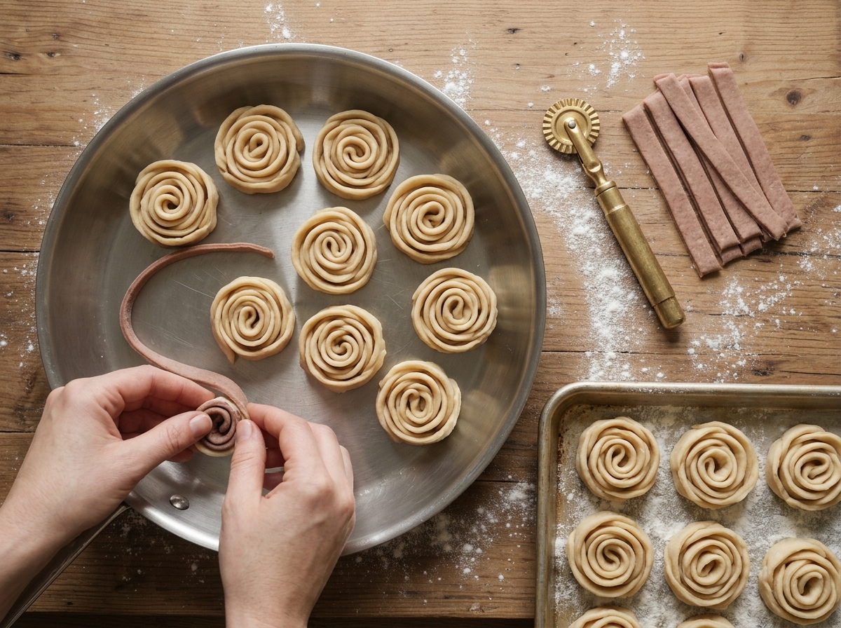 Hands pinching a thin strip of wine dough into pockets before coiling it into a rosette on a floured board