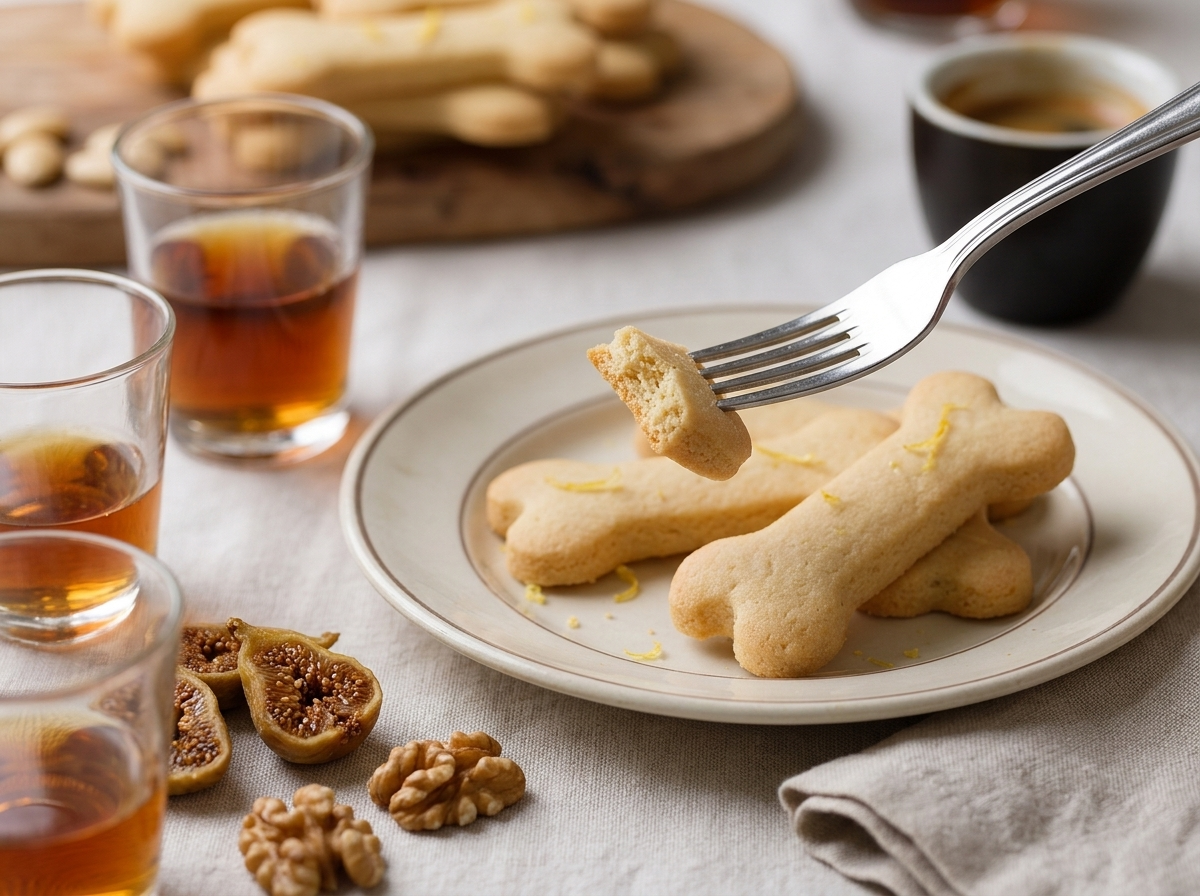 Ossi dei morti and two glasses of vin santo on a linen-covered table with dried figs, ready for dunking