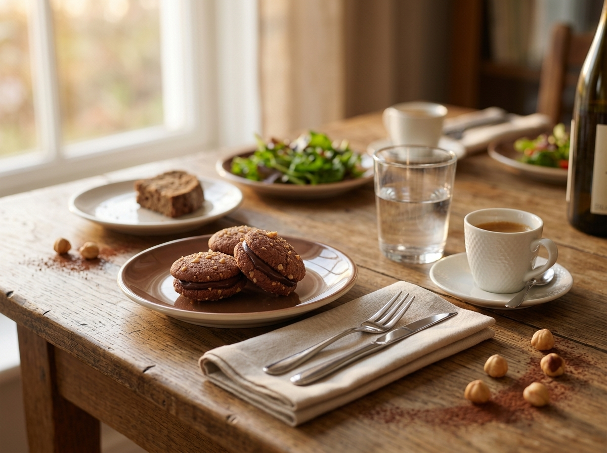 Two baci cookies beside an espresso cup and linen napkin on a wooden table by a sunny window