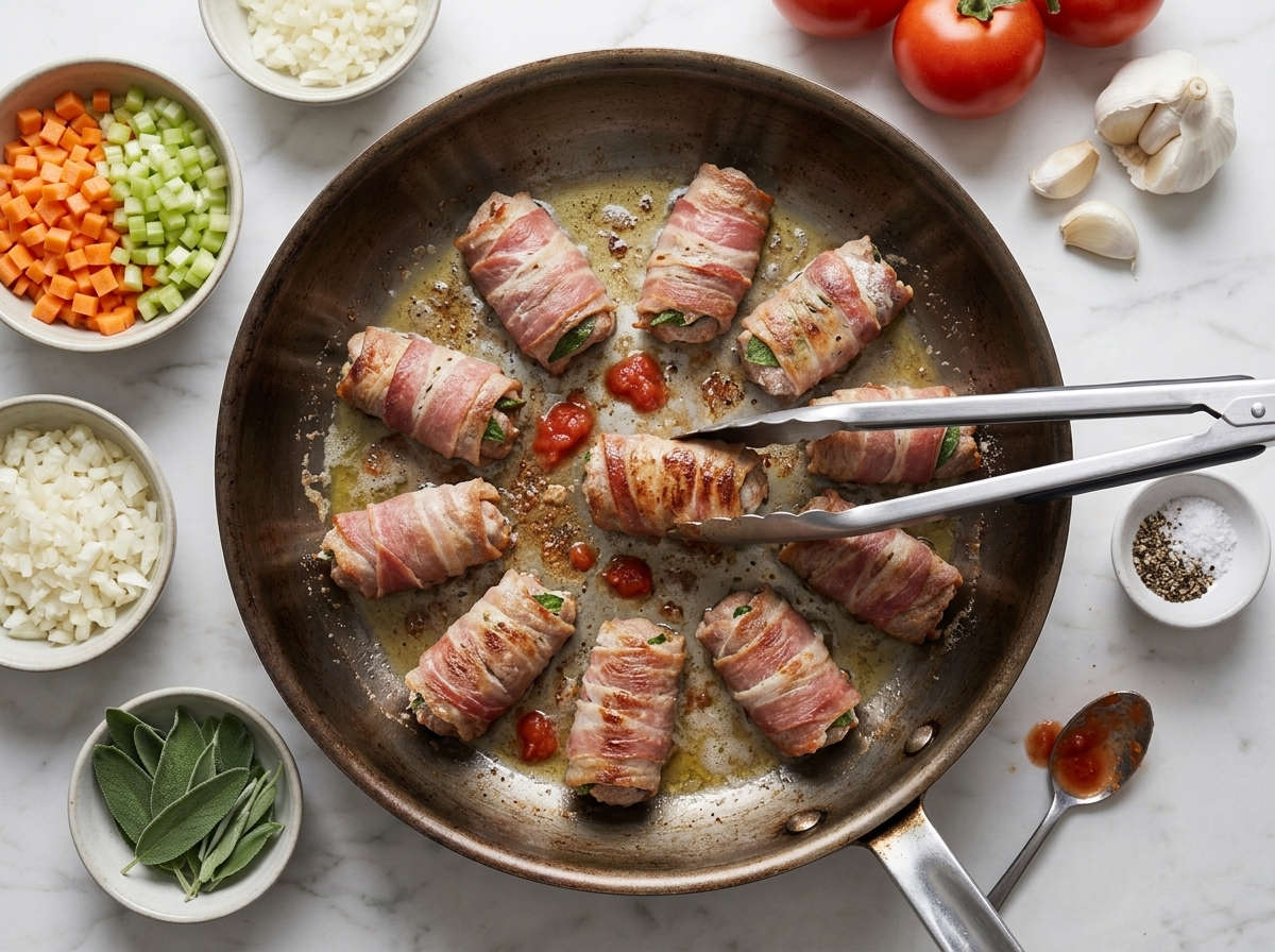 Tongs turn flour-dusted prosciutto-wrapped veal rolls in a hot skillet as the butter foams and the crust goes pale gold