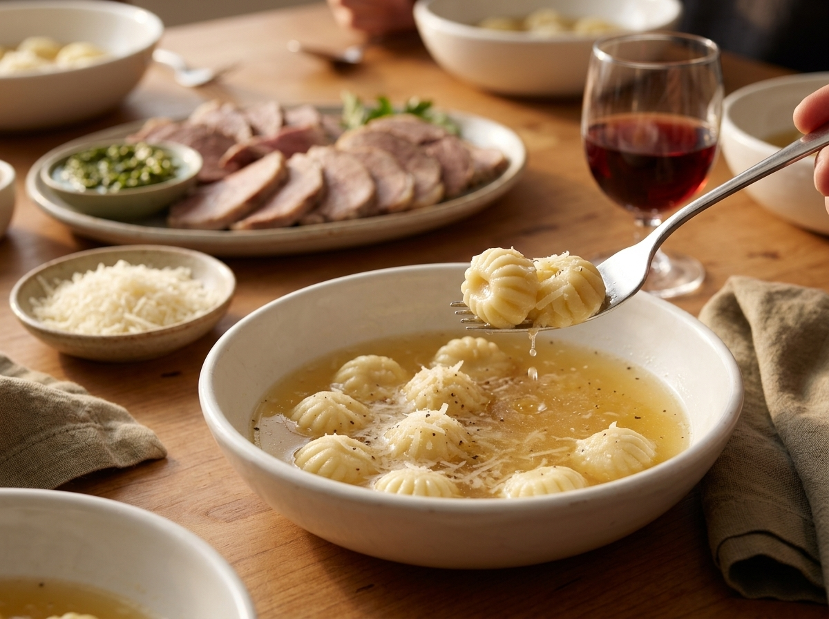 Family table set for supper with steaming bowls of marubini, a sliced boiled-meat platter, and a glass of Lambrusco
