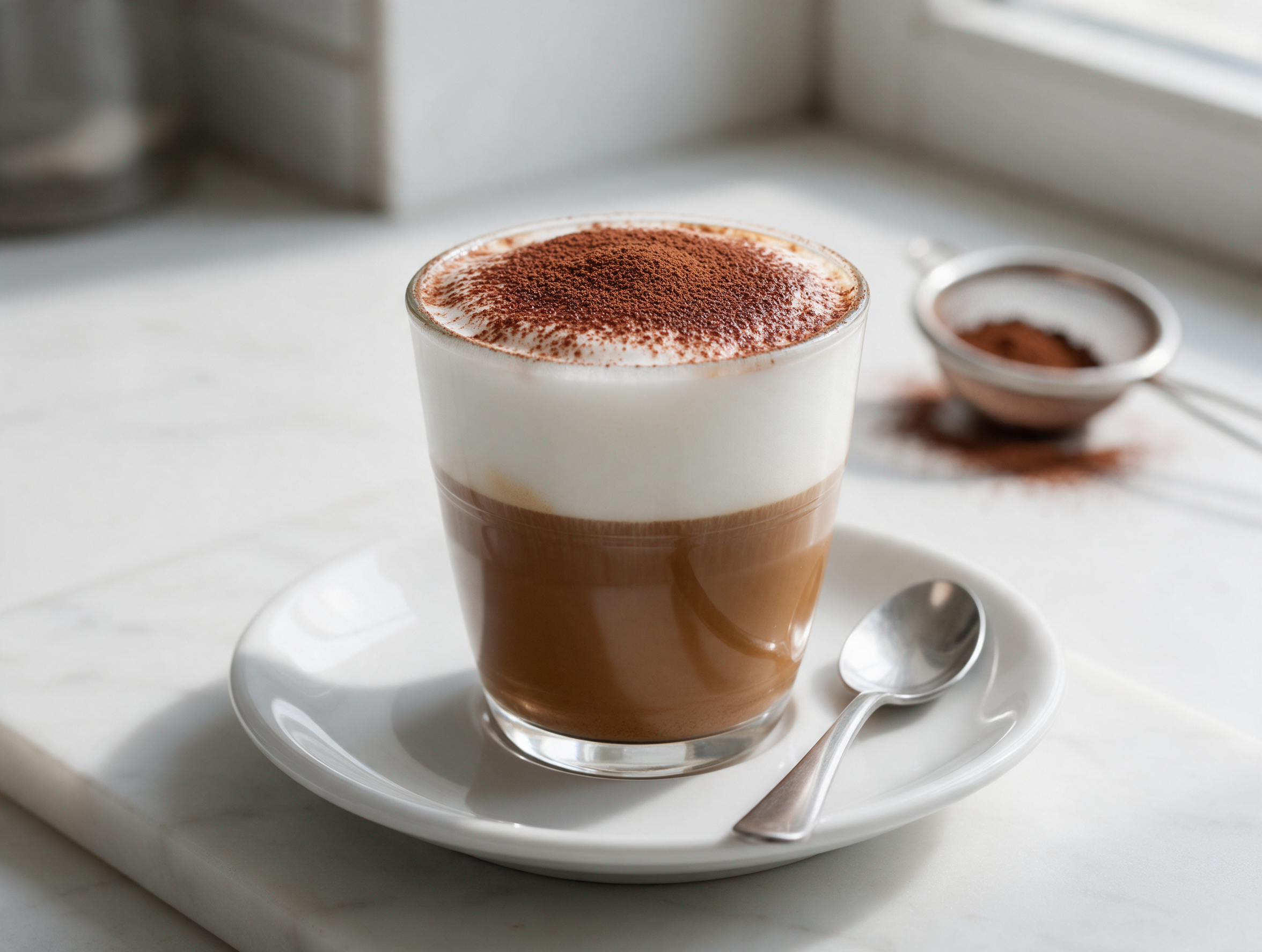 Marocchino in a small clear glass showing cocoa-dark espresso under a cap of white milk foam on a marble saucer