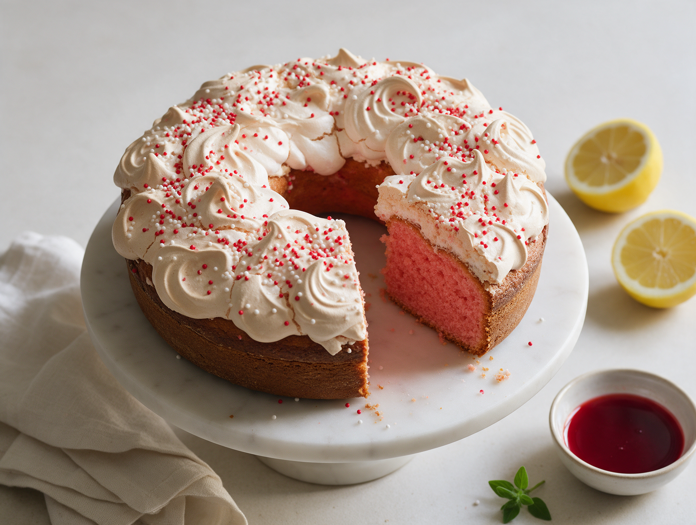 Ciaramicola ring cake with white meringue and red sprinkles on a marble stand, wedge cut to show pink crumb