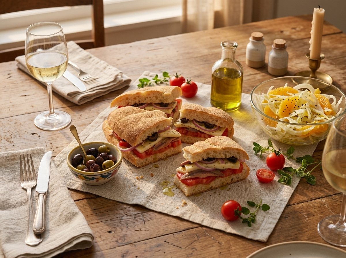 Pane cunzato wedges on a linen-covered table beside olives, a glass of white wine and orange salad