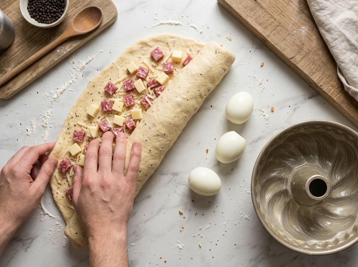 Hands rolling lard dough around cubed salami, cheese and grated pecorino on a floured marble counter before ring shaping