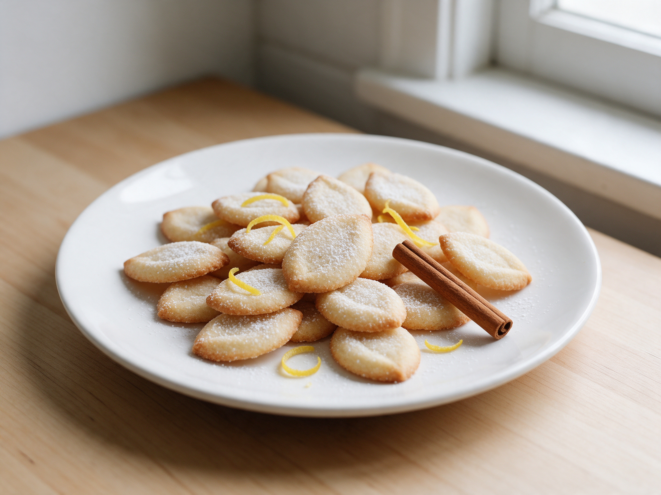 Small sugar-dusted bean-shaped almond cookies on a plate with lemon zest