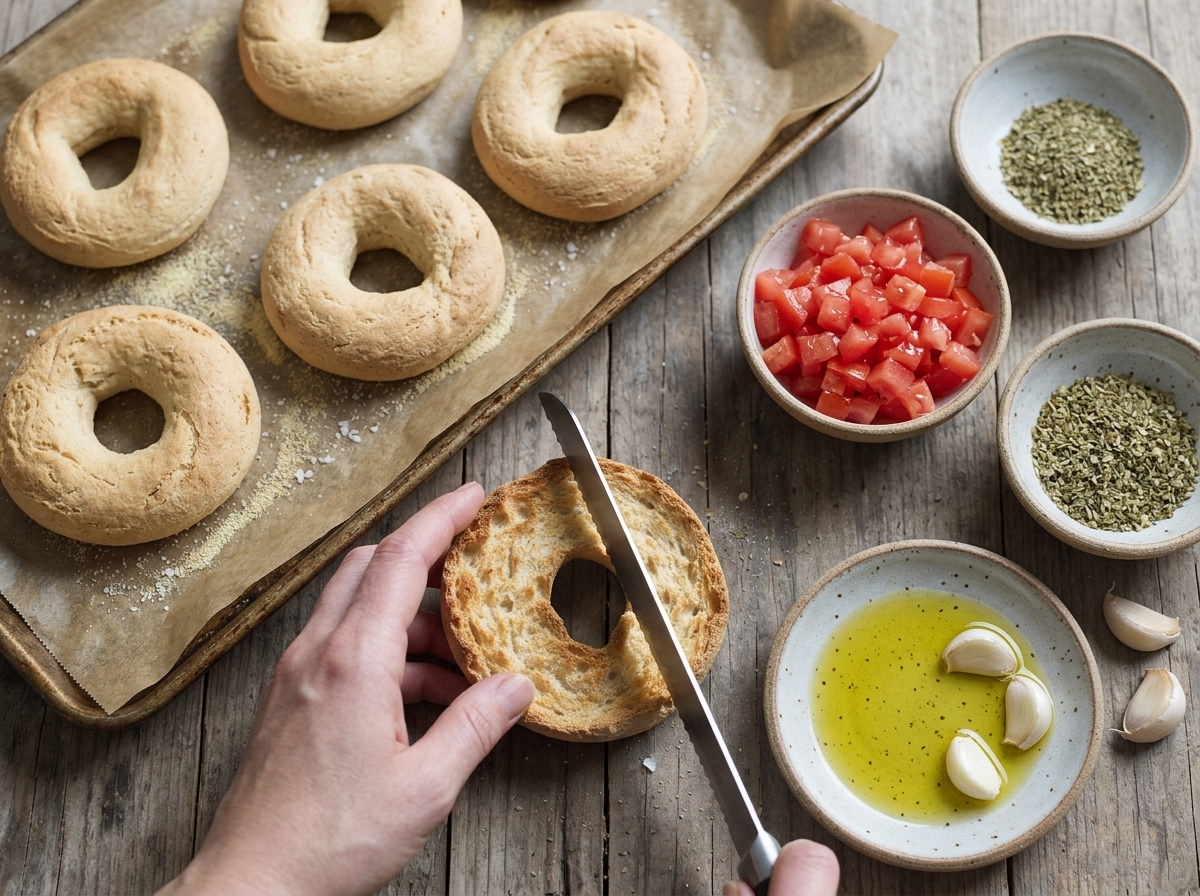 Hands splitting a warm baked dough ring horizontally with a serrated knife beside a tray of rings