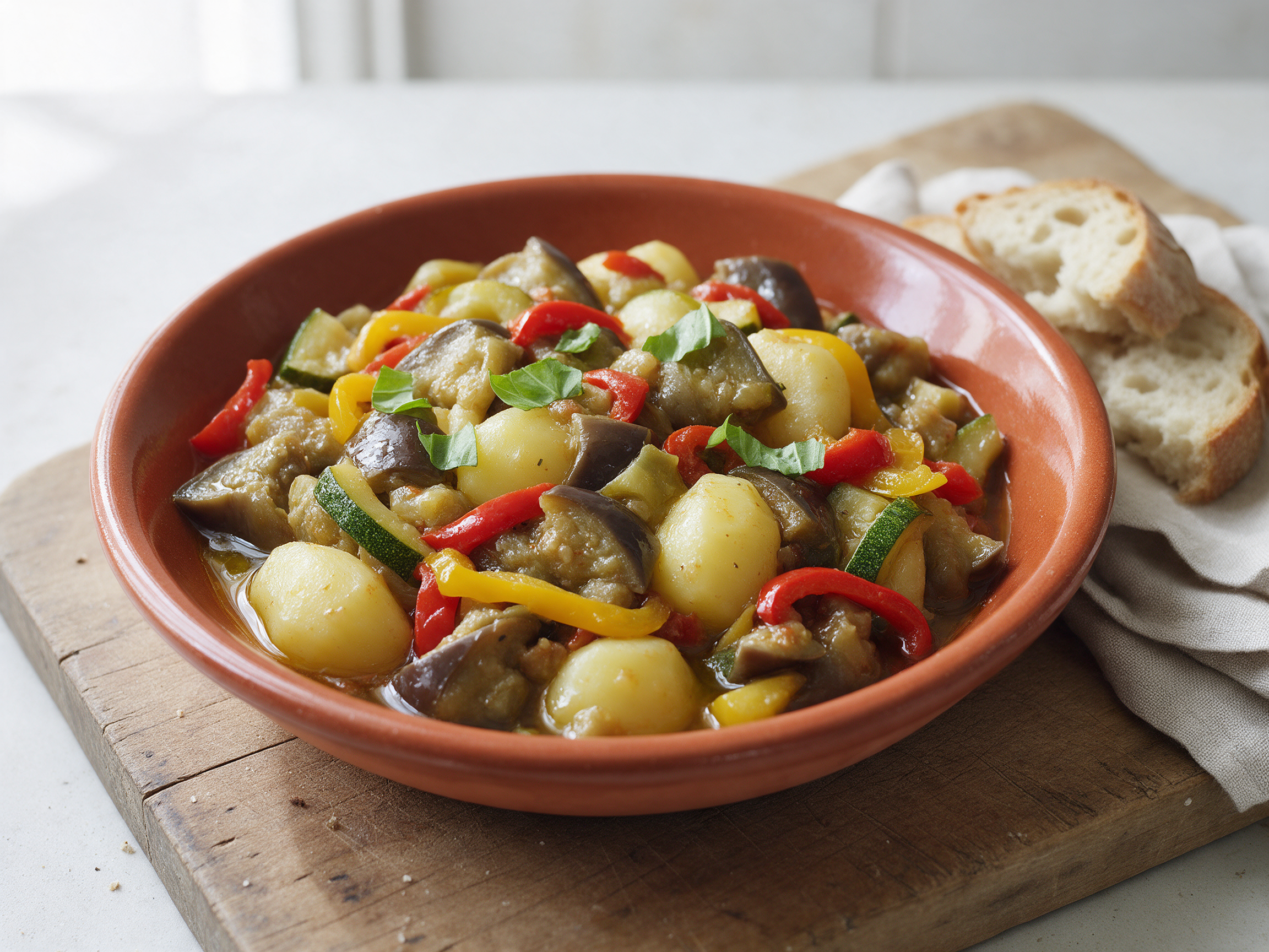Terracotta bowl of cianfotta stew with eggplant, potato, peppers and zucchini beside crusty bread