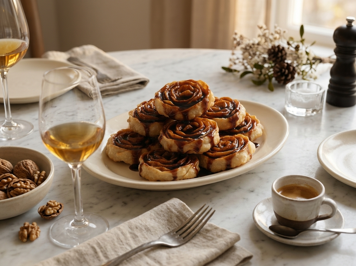 Holiday platter of cartellate beside glasses of Vin Santo and espresso cups, lit by warm window light