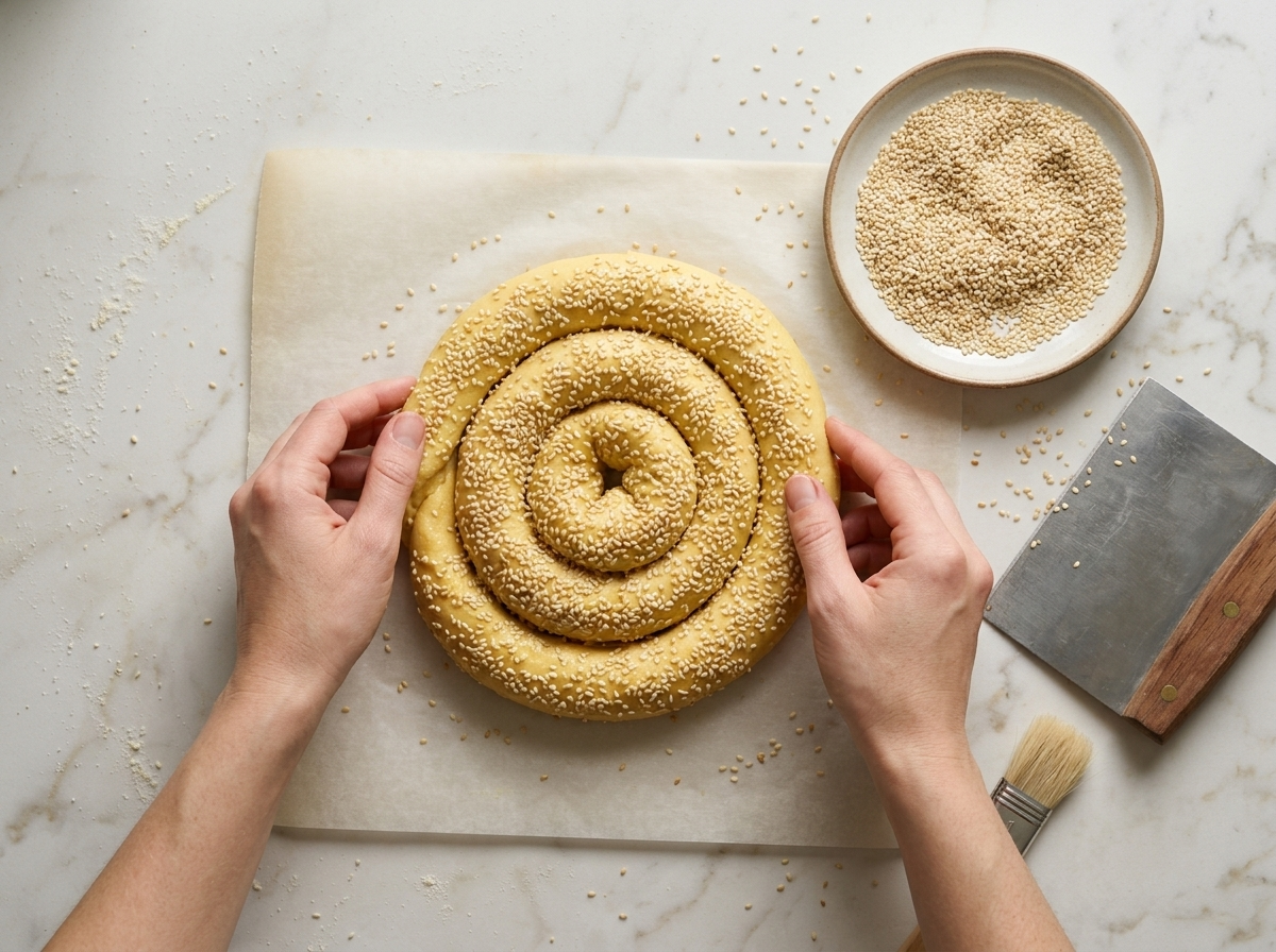 Hands winding a water-brushed dough rope, rolled in white sesame seeds, into a tight spiral on parchment