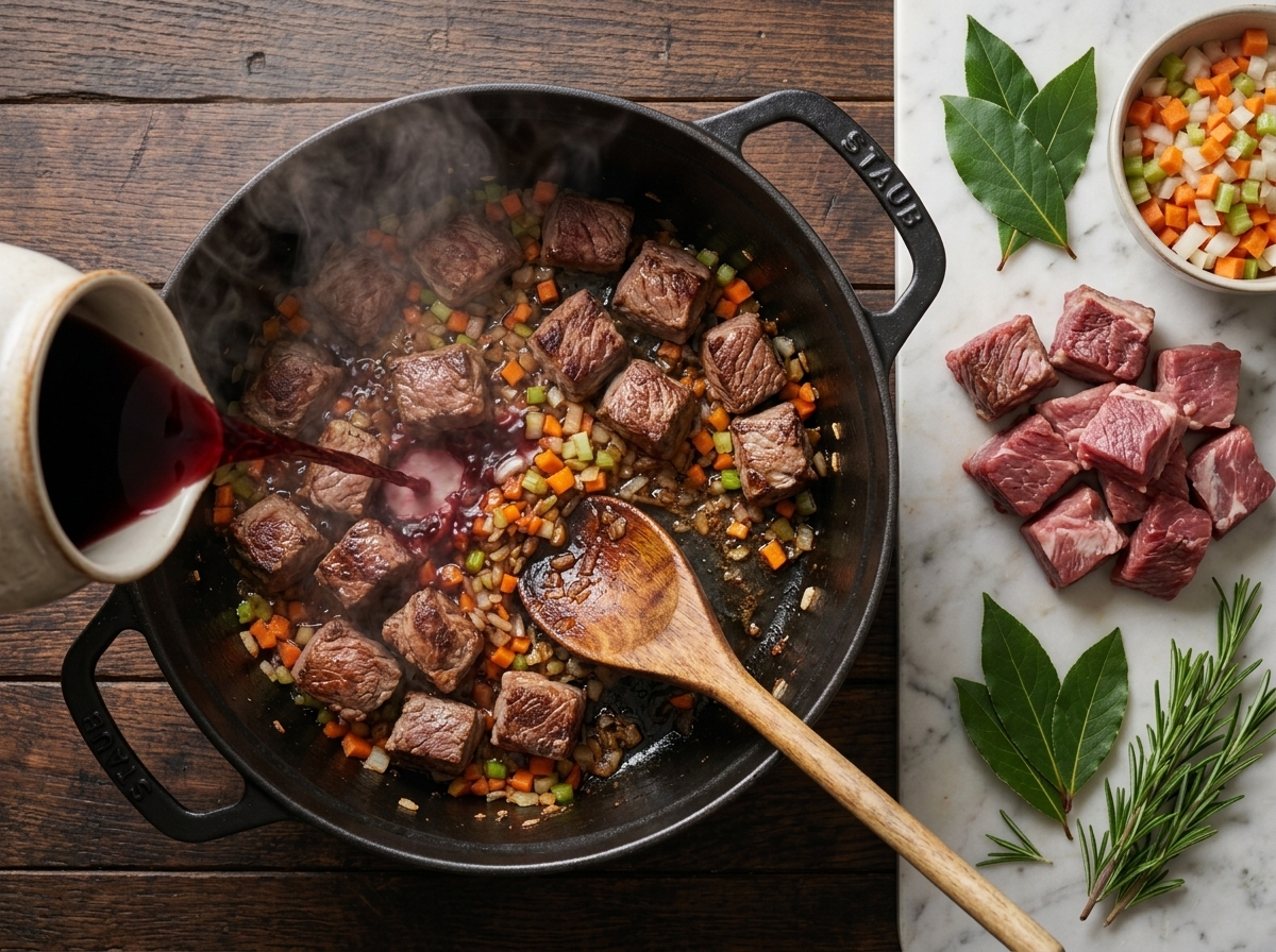 Browned boar cubes and diced soffritto in a Dutch oven as red wine is poured in and the base scraped