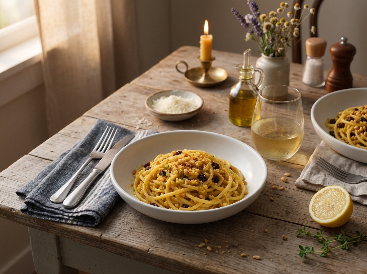 Two bowls on a rustic table beside a glass of white wine and a dish of grated pecorino