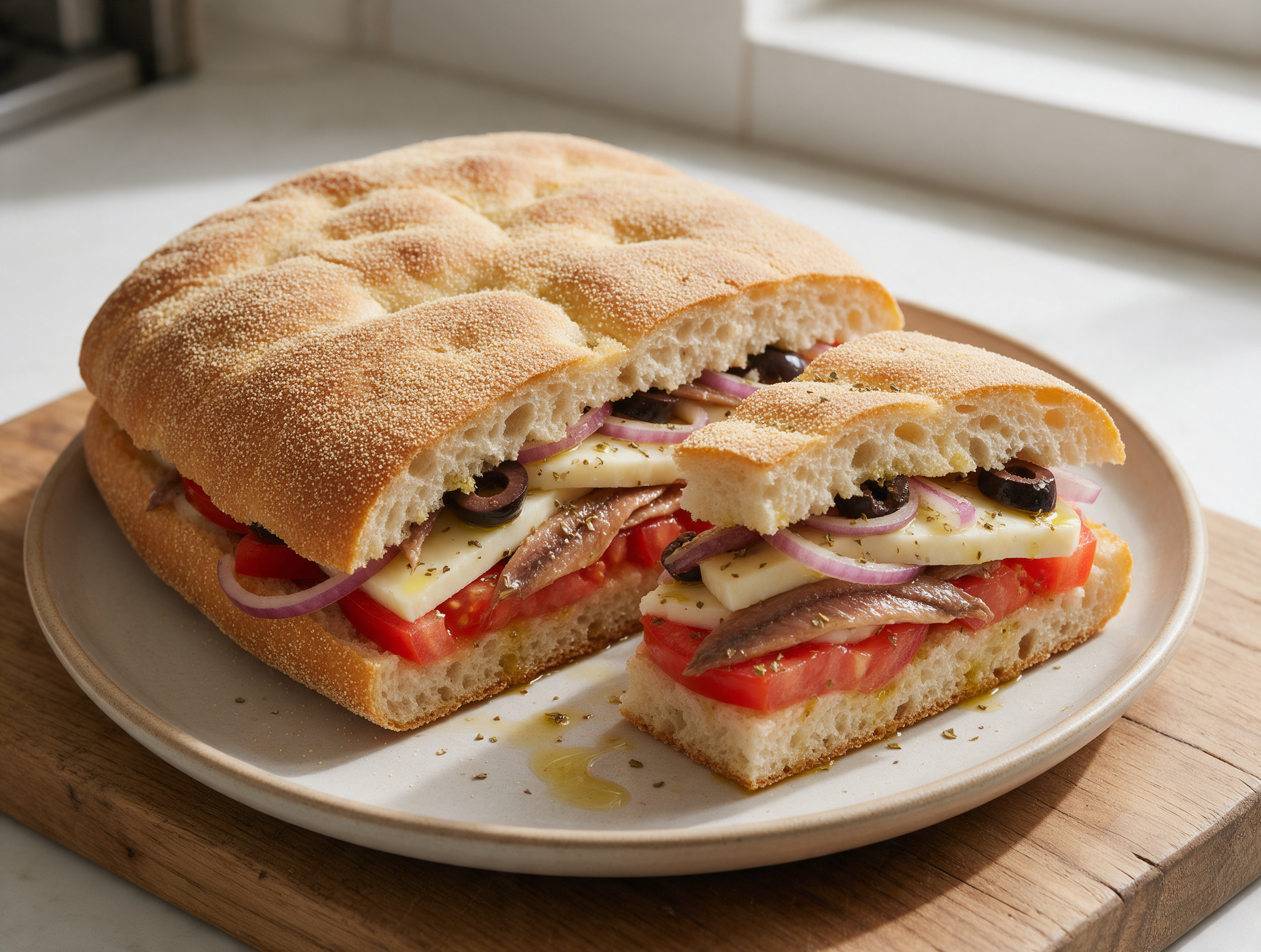 Cut wedge of Sicilian dressed bread showing tomato, anchovy fillets and caciocavallo on a wooden board