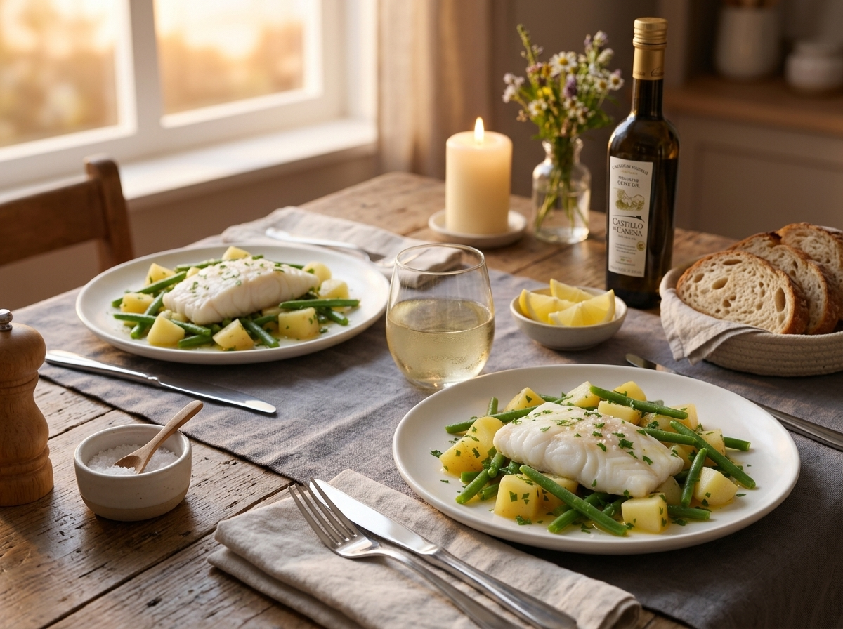 Two plates of nasello in bianco on a linen-covered table beside crusty bread and a glass of white wine