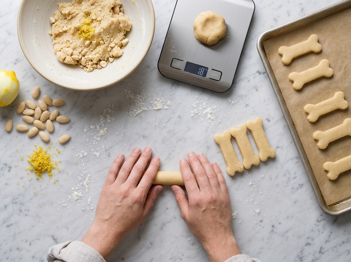 Hands rolling stiff almond dough into short logs on a floured marble counter, notched ends visible