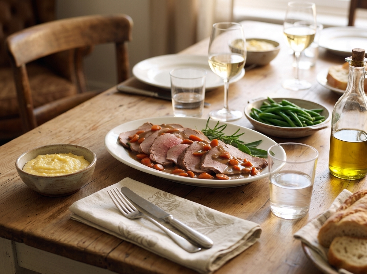 Family table set with a bowl of creamy polenta, green beans, and glasses of white wine in late afternoon light