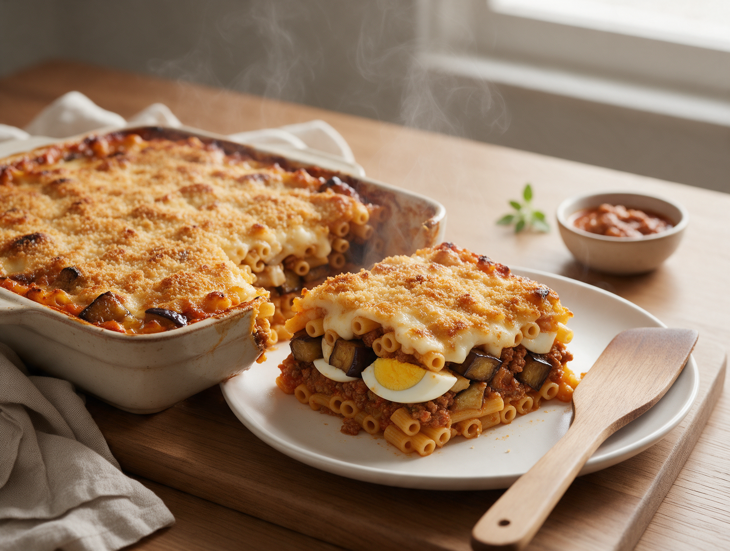 Square portion of baked ncasciata showing pasta, eggplant, ragu and egg layers under a golden top