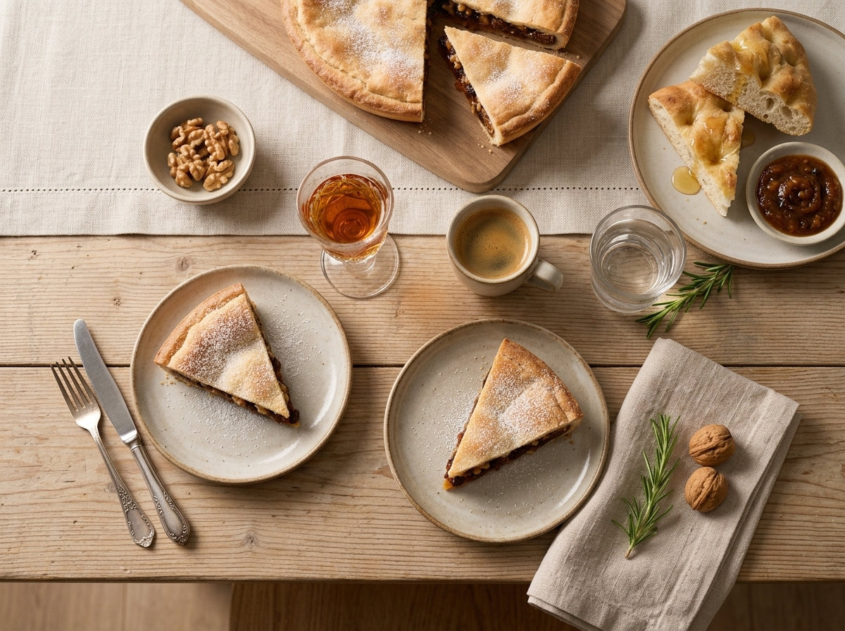 Thin spongata wedges on small plates beside espresso cups and a glass of vin santo at a holiday table