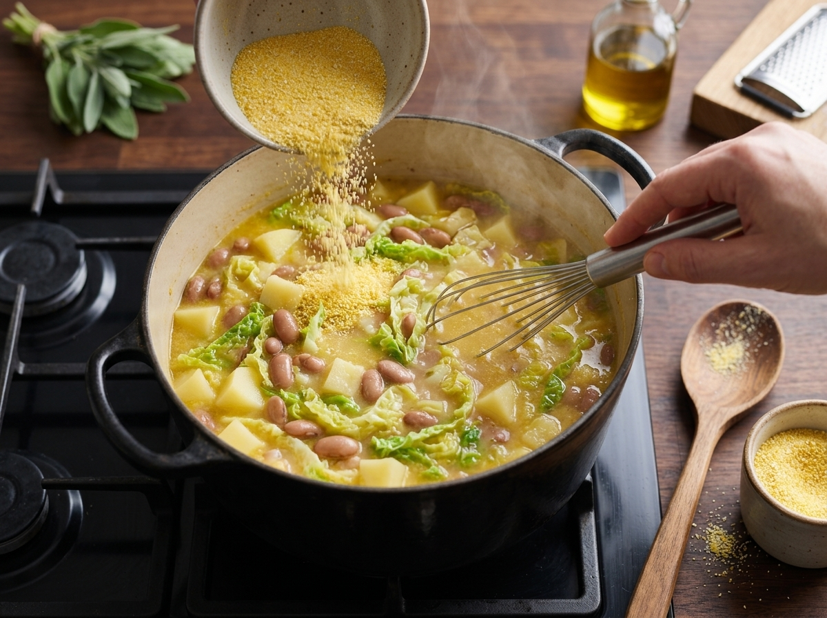 Whisk pouring coarse yellow cornmeal in a thin stream into a simmering pot of borlotti beans and cabbage