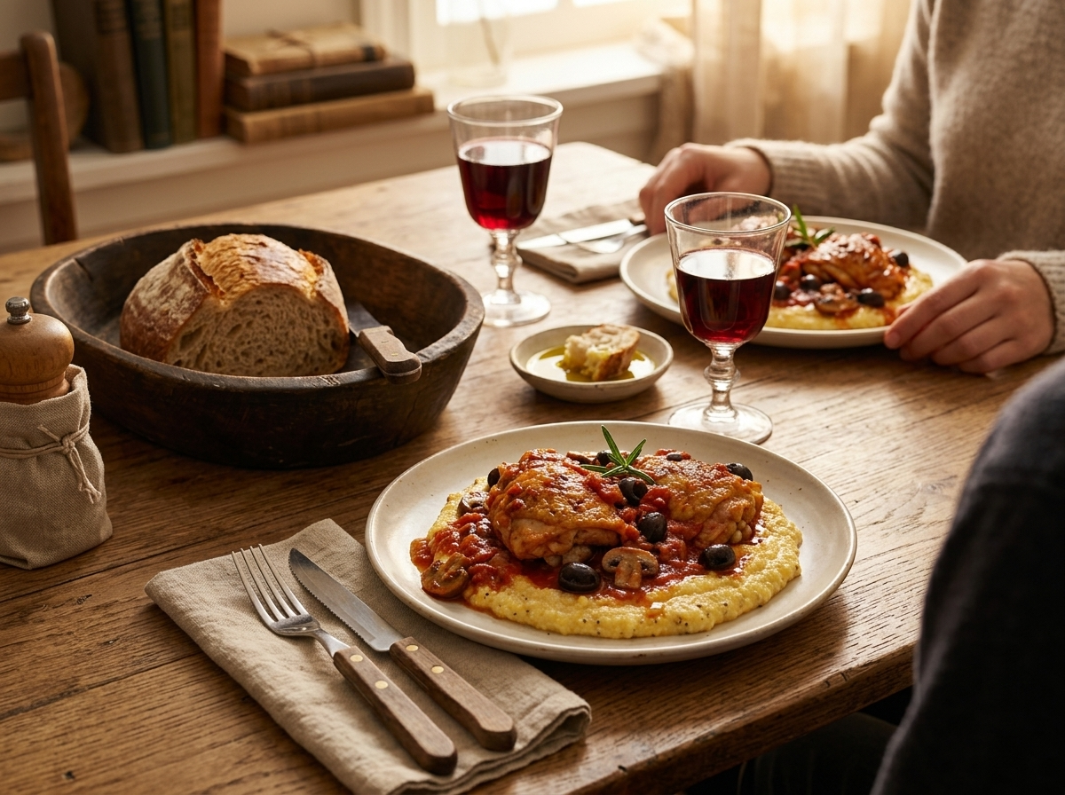 Two plates of galletto over soft polenta with a bread basket and red wine glasses on a linen-set dinner table