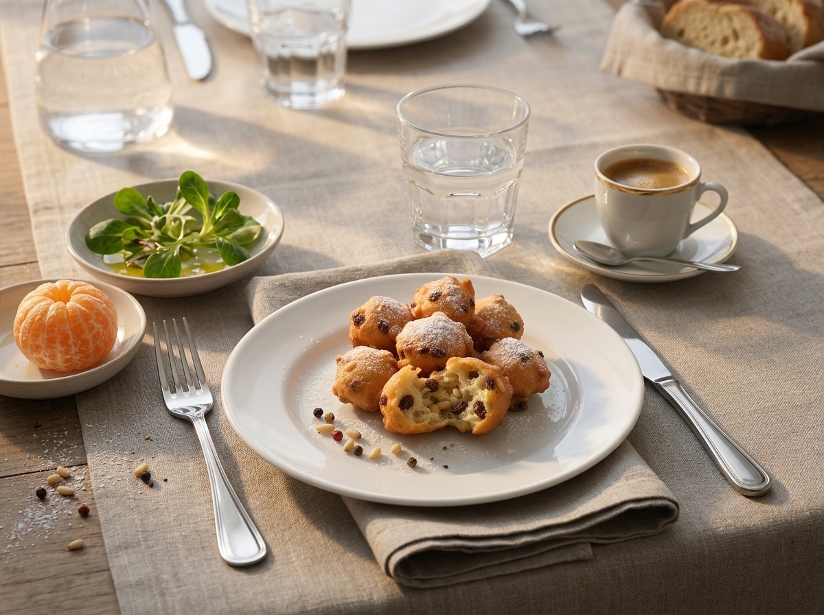 Warm fritole on a linen-covered kitchen table beside espresso cups and a glass of chilled Prosecco