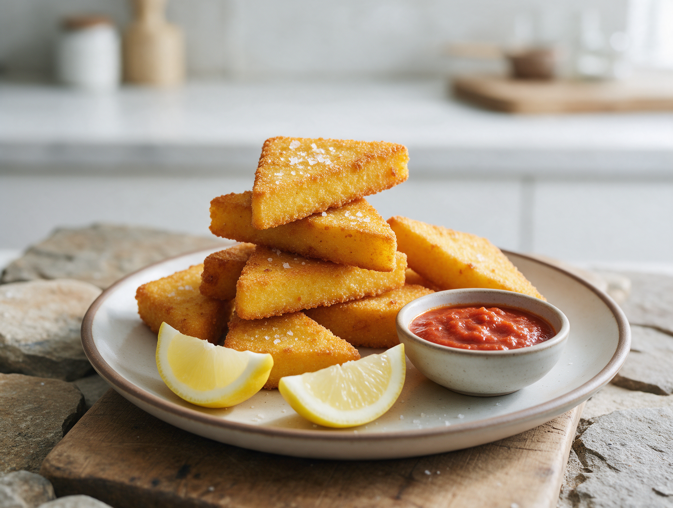 Golden fried polenta triangles stacked on a wooden board with flaky salt and lemon wedges