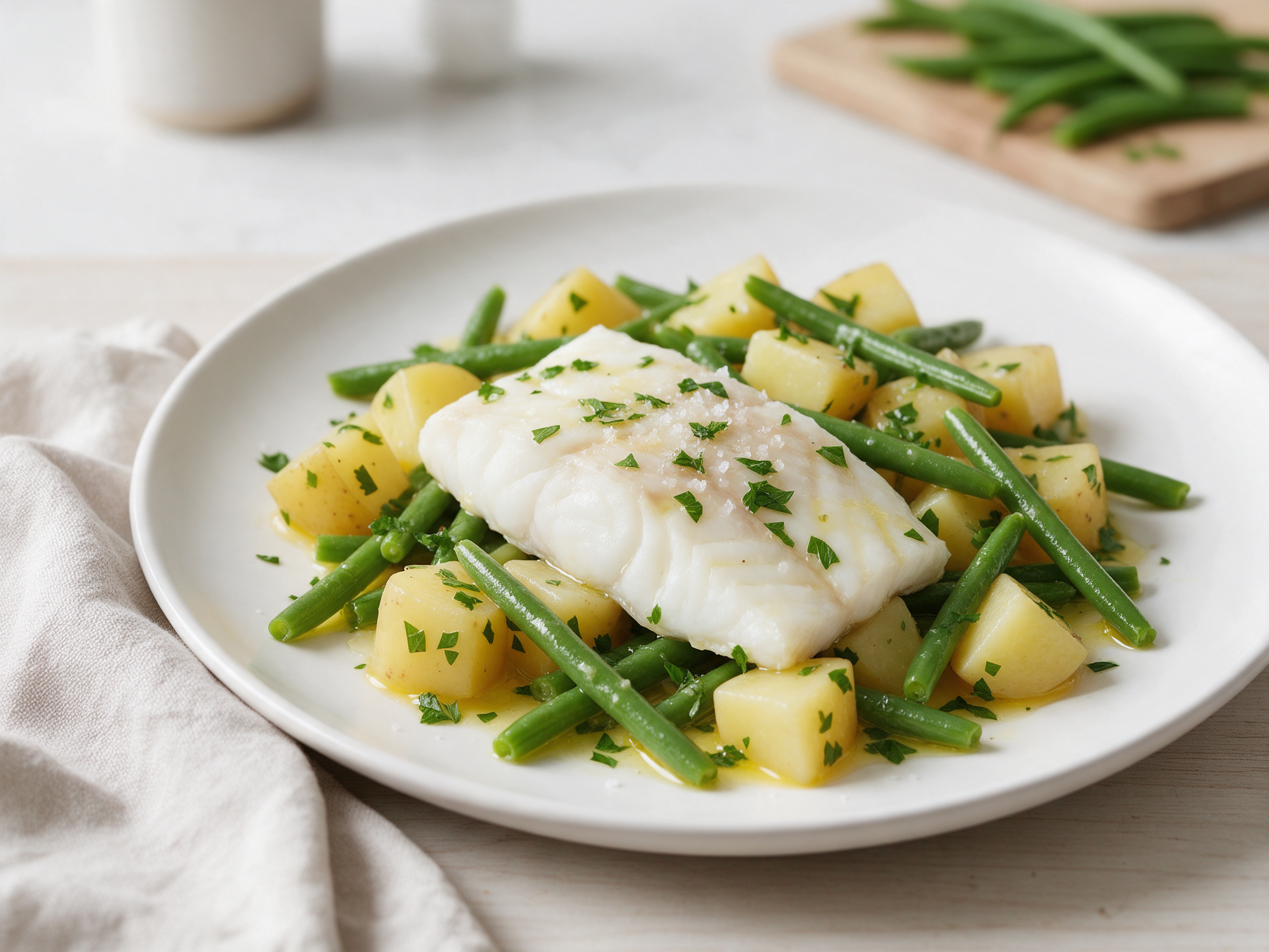 Poached hake fillet on a white plate with boiled potatoes, green beans, parsley, and glossy lemon oil