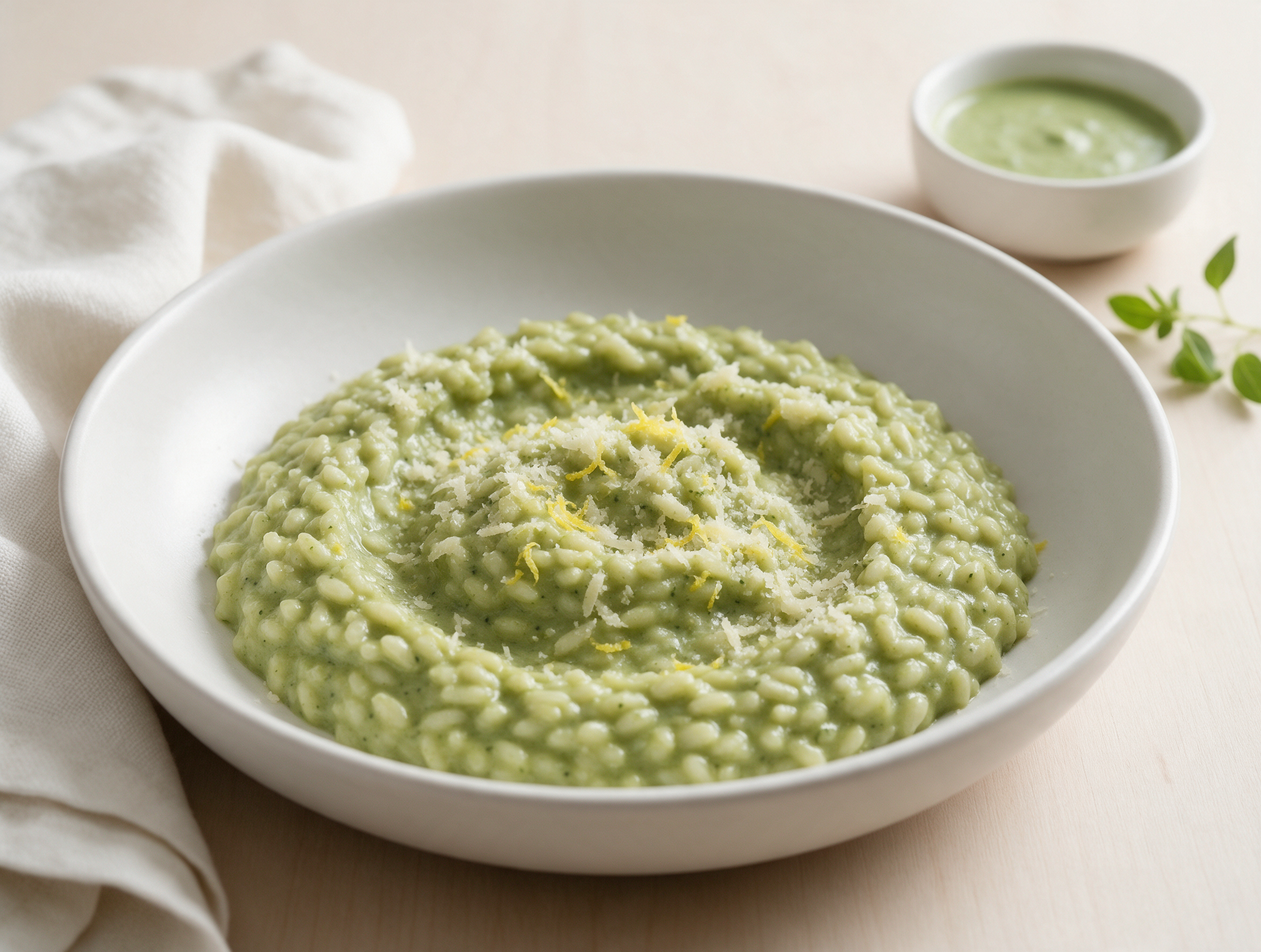 Shallow white bowl of pale green nettle risotto with grated Parmigiano and lemon zest on a light wooden table