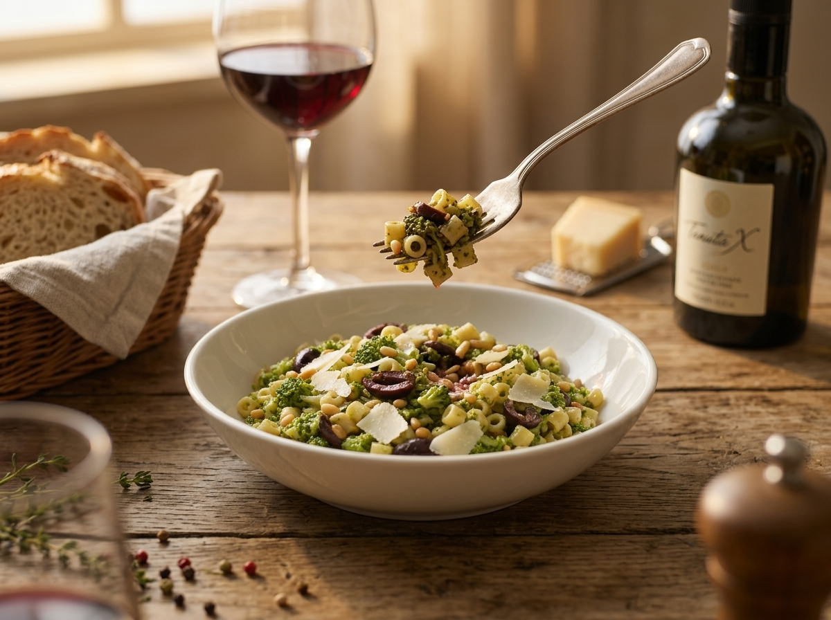 Two bowls on a wooden table beside a glass of red wine, crusty bread and a small grater of pecorino
