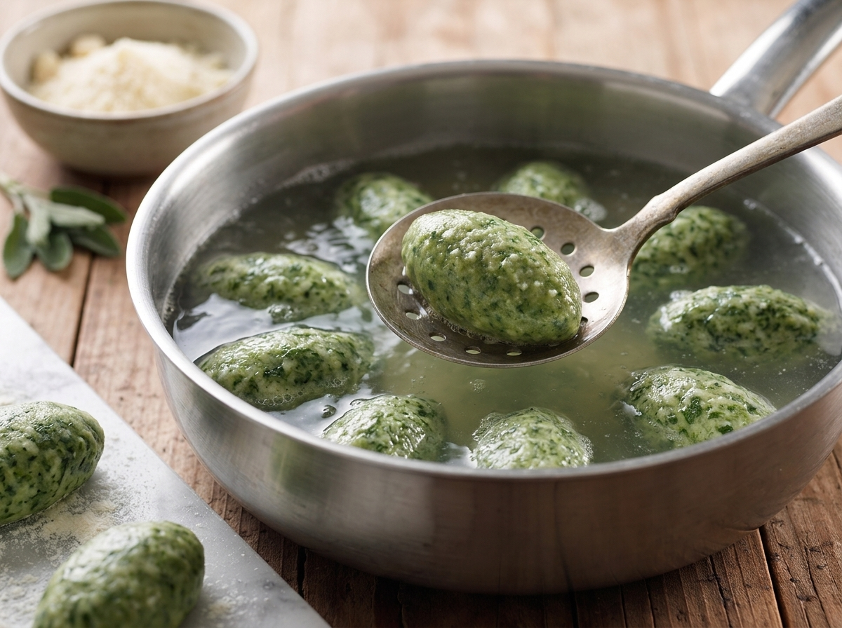 Oval spinach bread dumplings floating in a wide pot of simmering water as a slotted spoon lifts one out