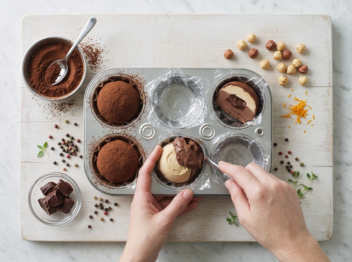 Hands pressing chocolate gelato over a frozen ganache ball in a plastic-wrap-lined muffin tin cup