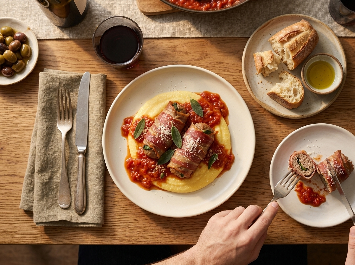 Family dinner table with plates of veal rolls over soft polenta, red wine and a basket of crusty bread, warm evening light