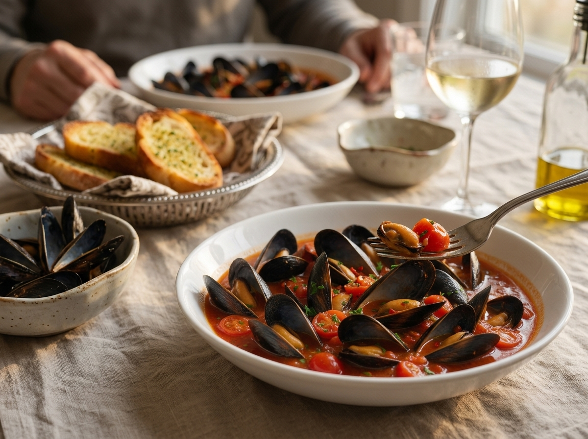 Two bowls of spicy mussels on a linen-covered table with a shell bowl and a glass of chilled white wine