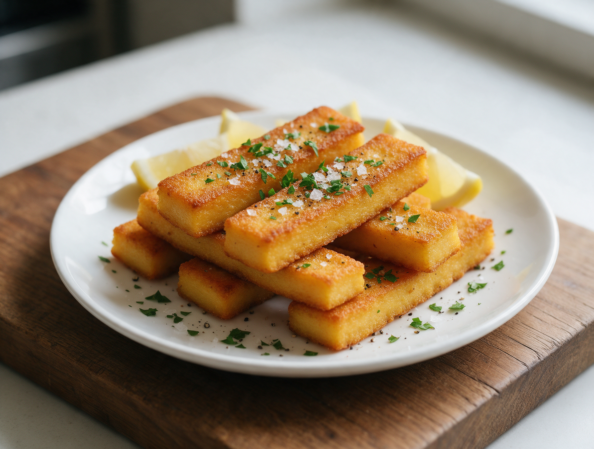 Golden panissa fritta sticks stacked on a white plate with lemon wedges and flaky salt on a wooden board