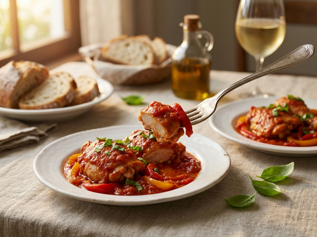 Two plates of chicken with peppers on a linen-covered table beside crusty bread and a glass of white wine