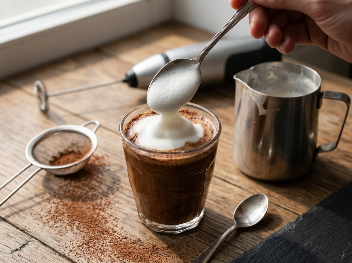 Hand sliding warm milk foam from a teaspoon onto cocoa-stirred espresso, frother and steel jug on a wooden counter