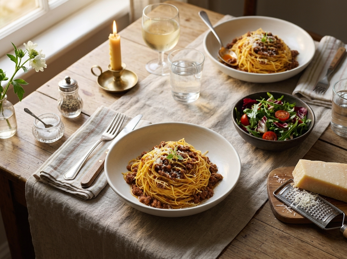 Two shallow bowls of pasta at a linen-covered table beside a glass of white wine and a small green salad