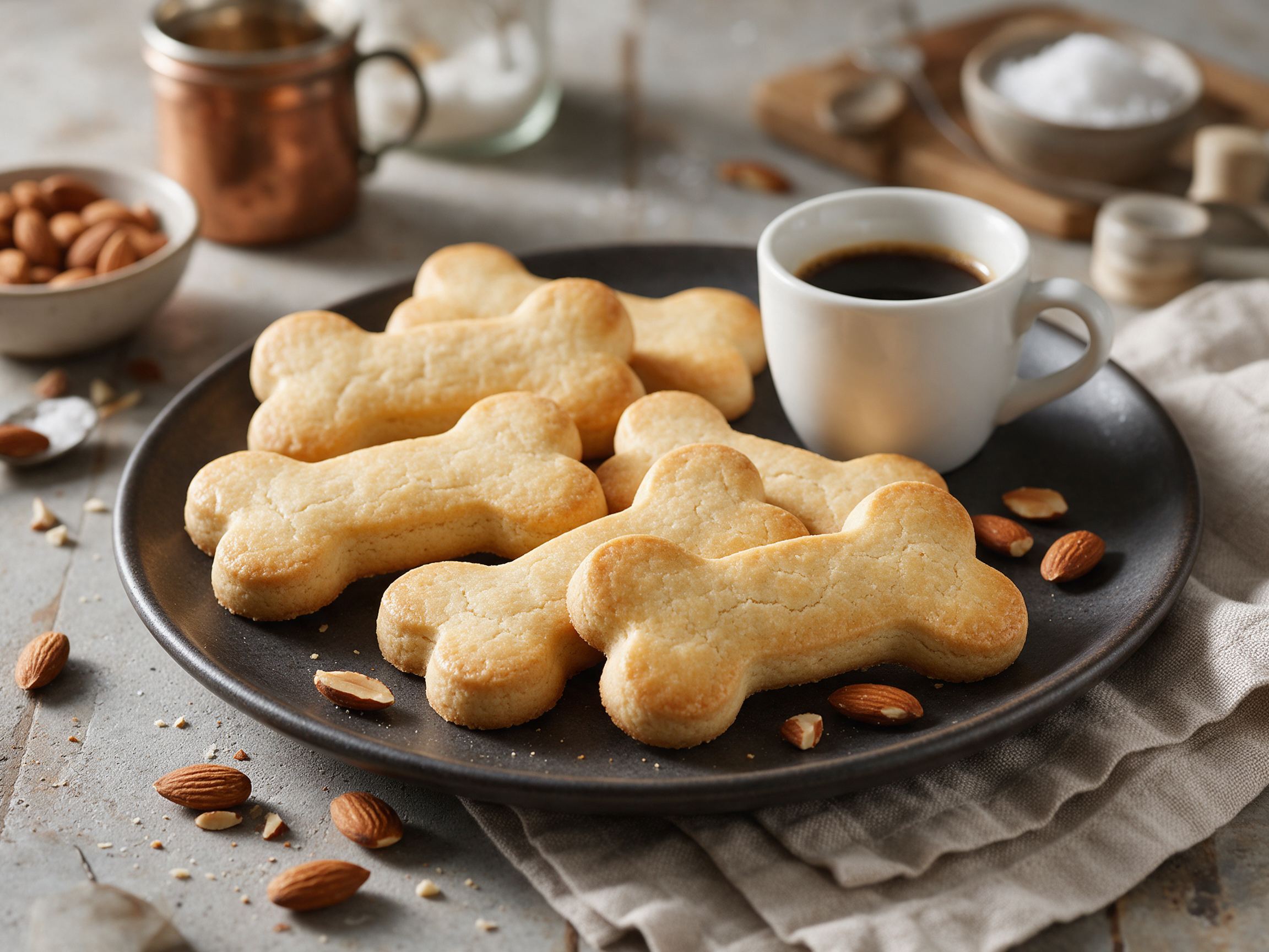 Dense bone-shaped almond cookies on a dark plate with a cup of black coffee