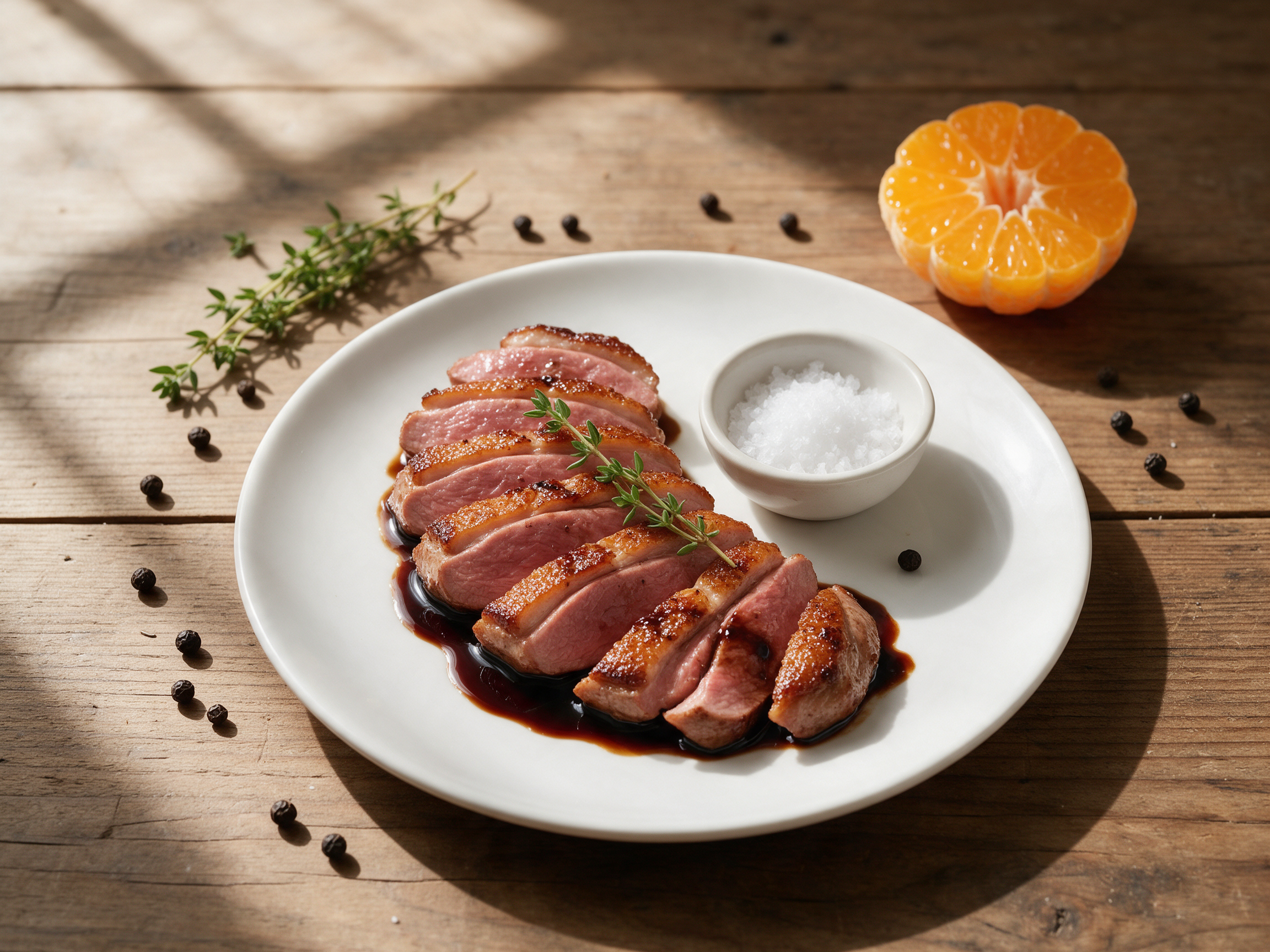 Sliced pan-seared duck breast fanned on a white plate with glossy balsamic sauce and a thyme sprig
