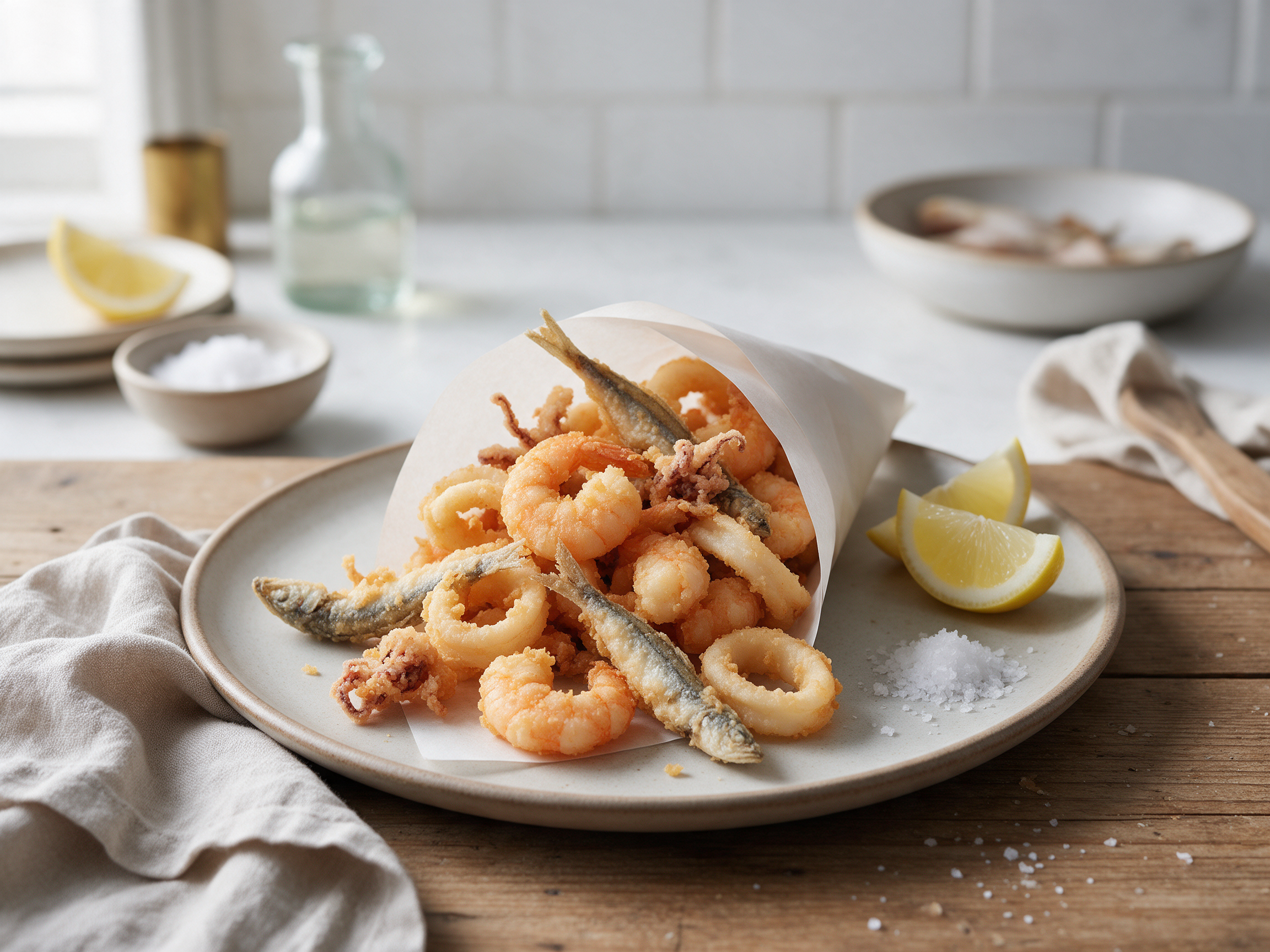 Golden fried shrimp, squid rings and small fish piled in a paper cone with lemon