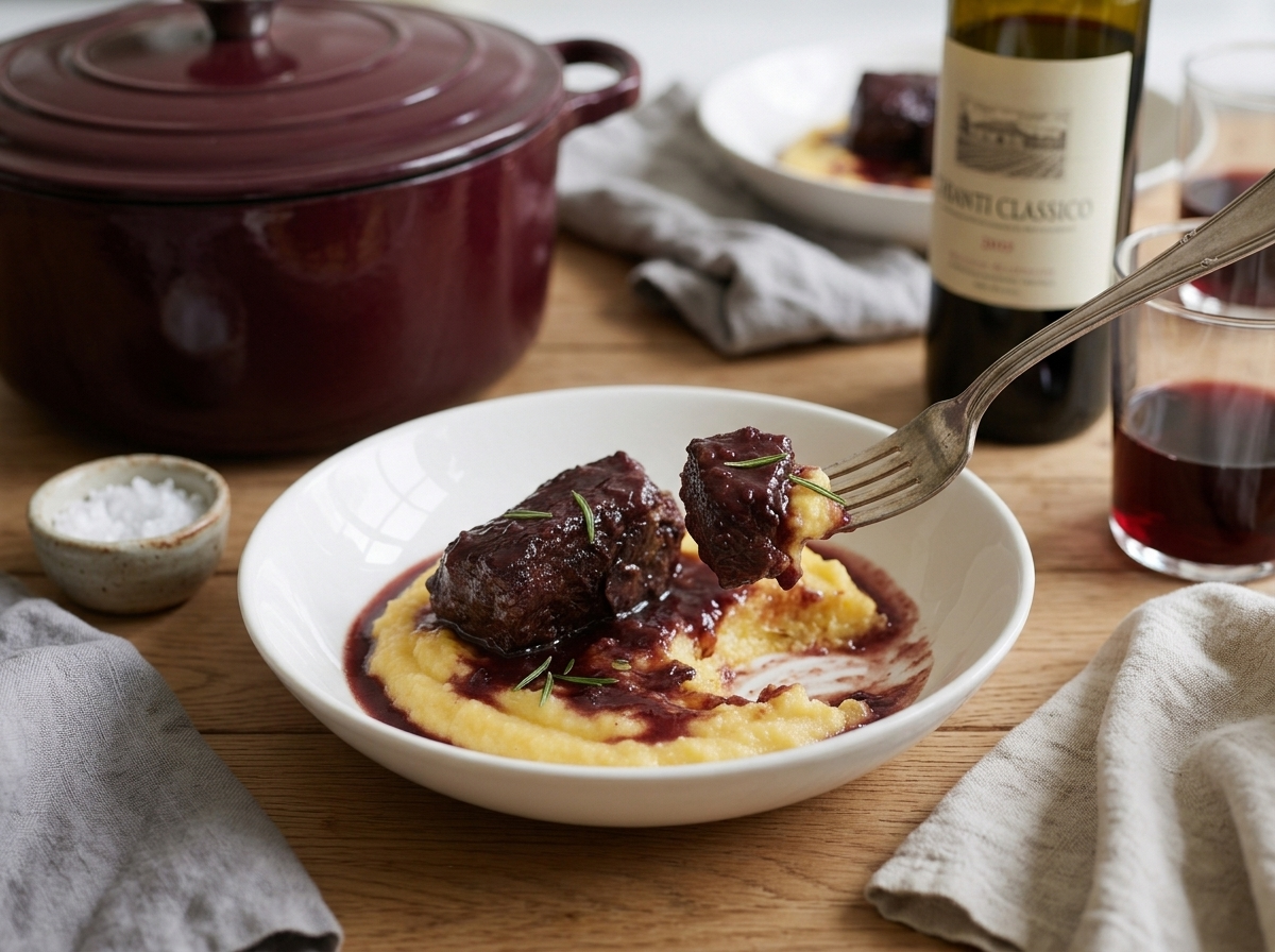 Dinner table with polenta bowls, a shared pot of beef cheeks, linen napkins and two glasses of Chianti