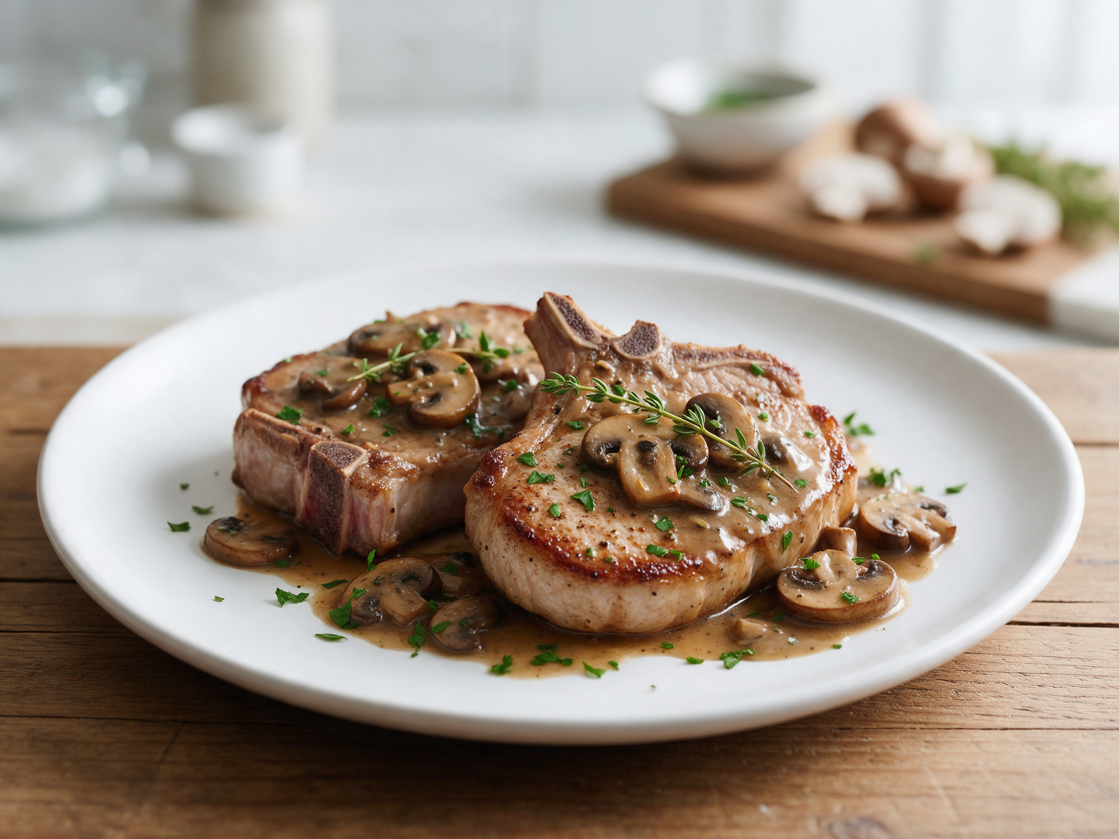 Two seared veal loin chops topped with glossy mushroom sauce and thyme on a white plate, shot from above